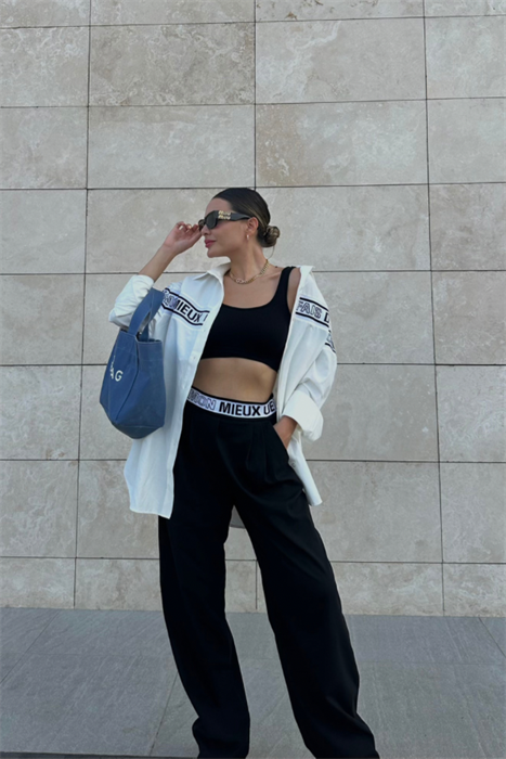 Mieux bel detaylı siyah palazzo 