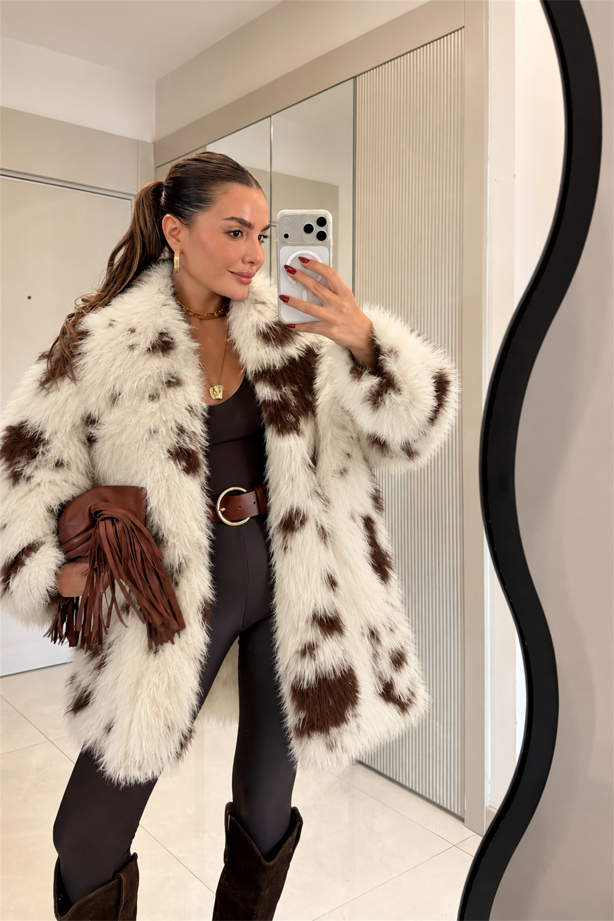 Milke Kahve Desenli Oversize Kürk