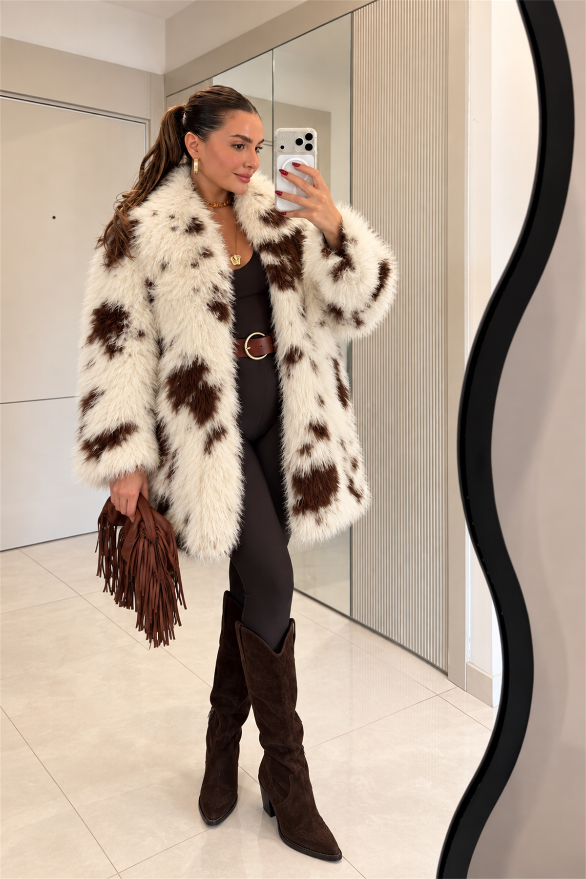 Milke Kahve Desenli Oversize Kürk