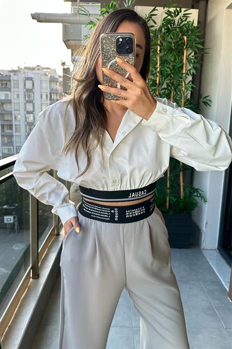 Milky beli lastikli crop gömlek