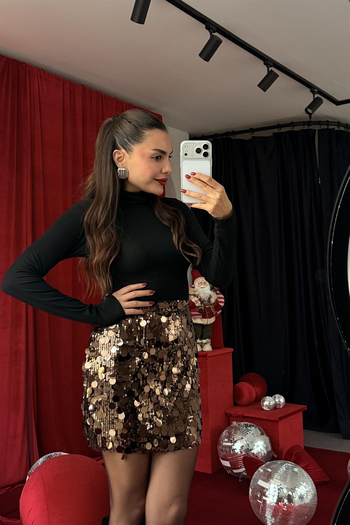 Milla Kahve Mini Payet Etek