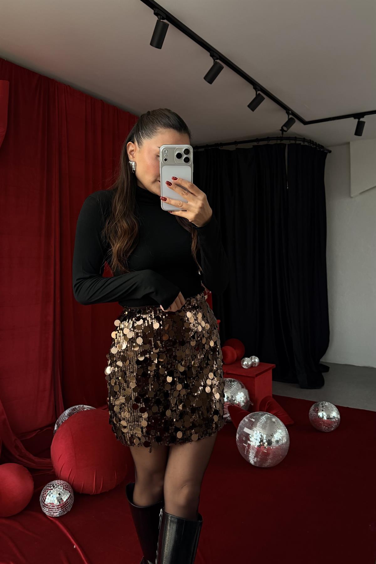 Milla Kahve Mini Payet Etek