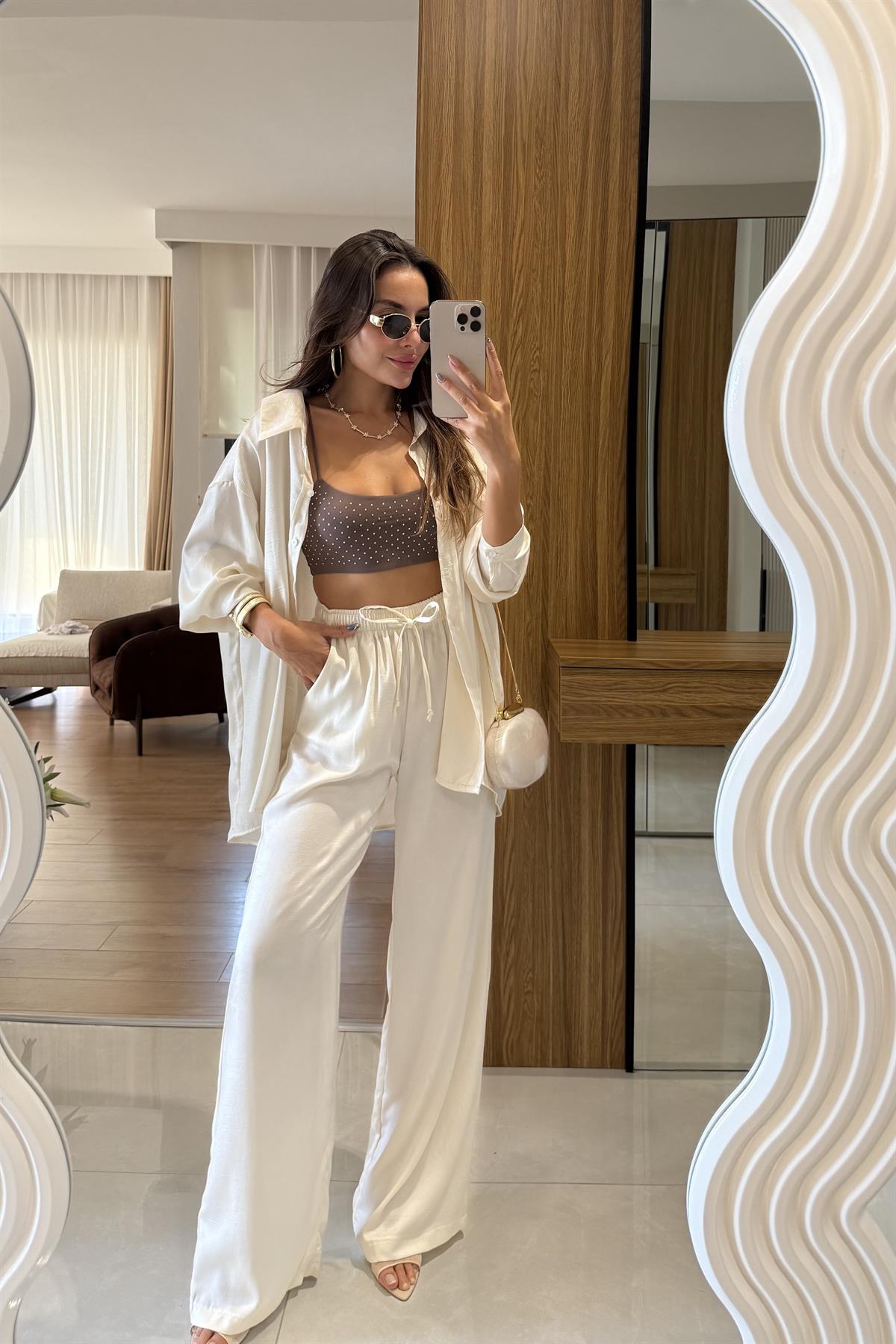 Pury Ekru Saten Dokulu Takım