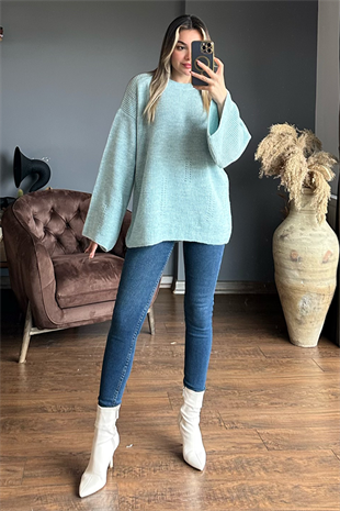 Mint yeşili ispanyol kol oversize kazak