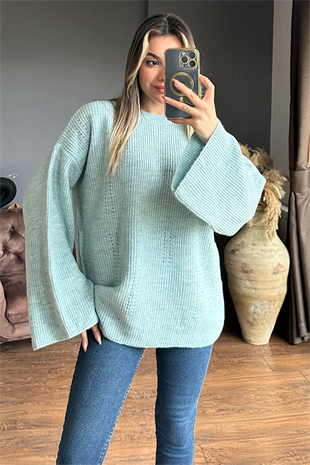 Mint yeşili ispanyol kol oversize kazak