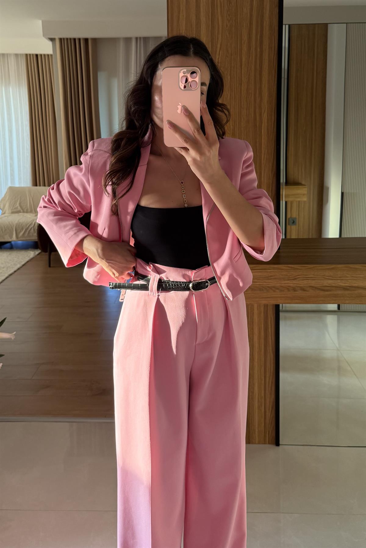 Minza Pembe Fermuarlı Blazer Ceket