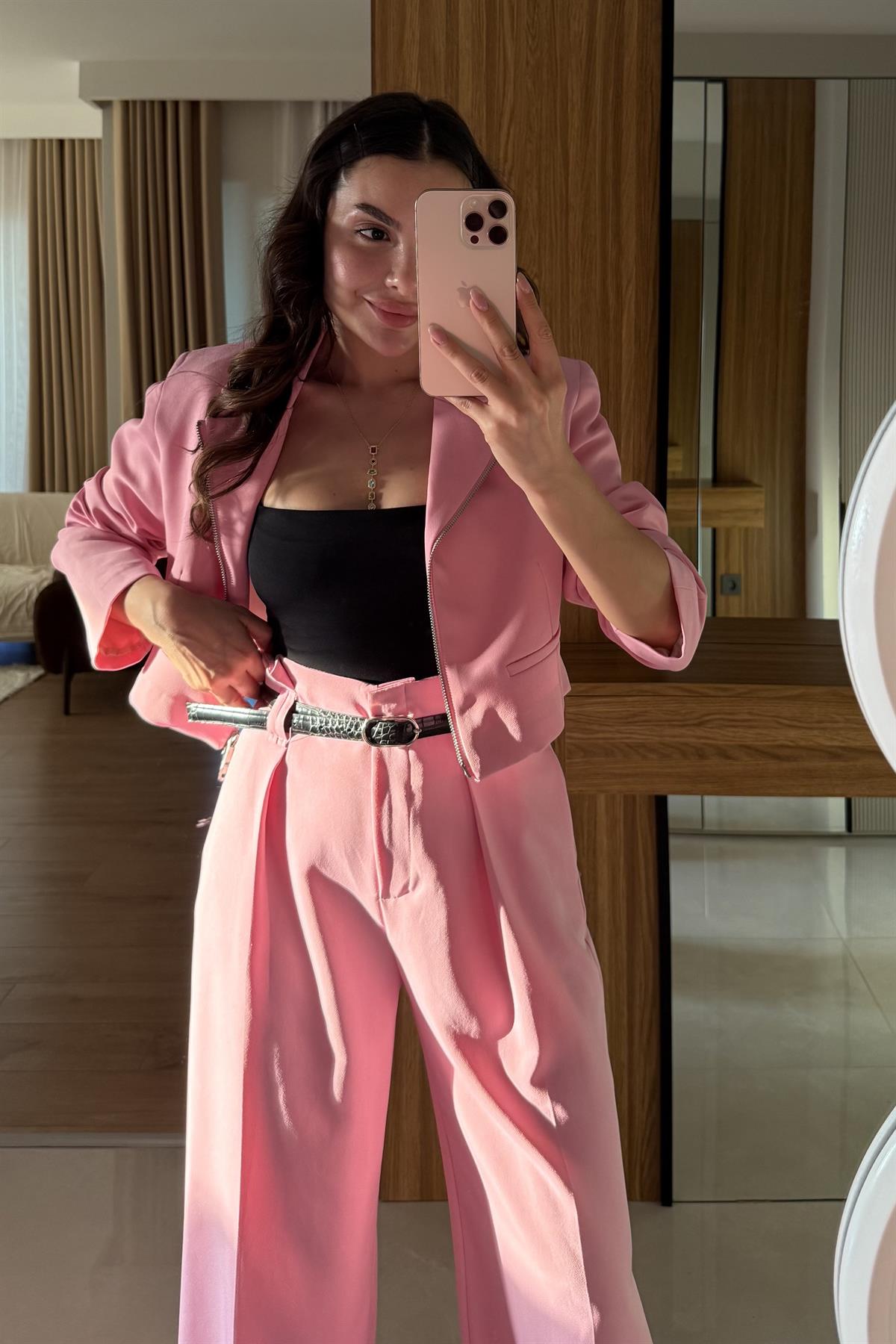 Minza Pembe Fermuarlı Blazer Ceket