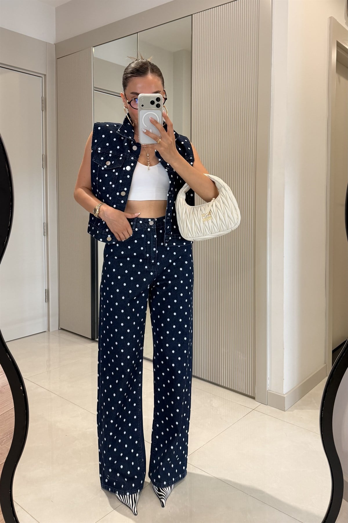 Mirabella Lacivert Puantiyeli Denim Takım