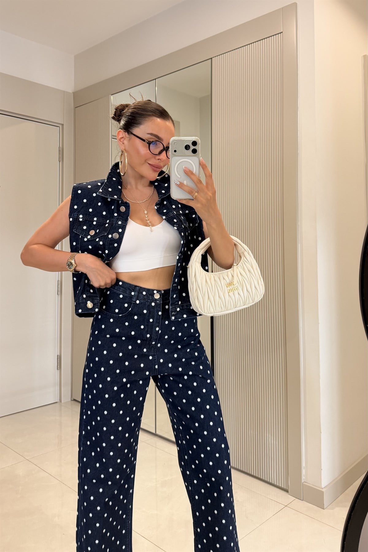 Mirabella Lacivert Puantiyeli Denim Takım
