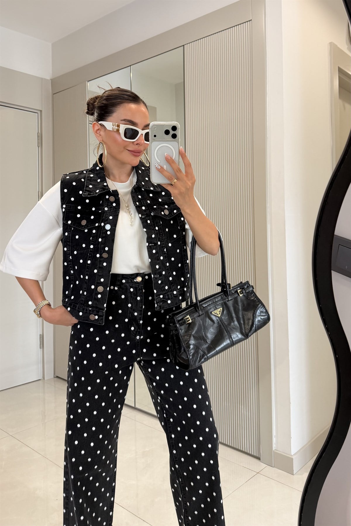 Mirabella Siyah Puantiyeli Denim Takım