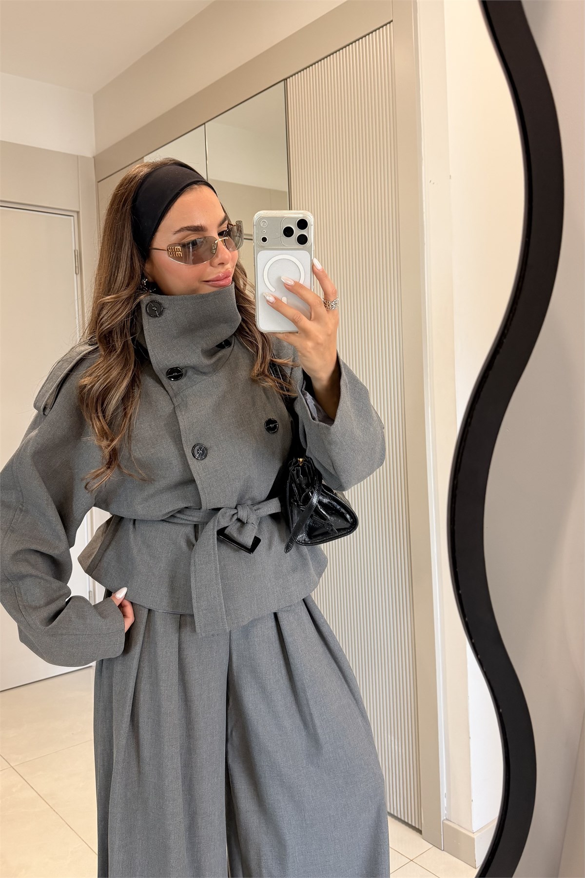 Mirae Gri Dik Yaka Kemerli Ceket Bol Paça Pantolon Takım