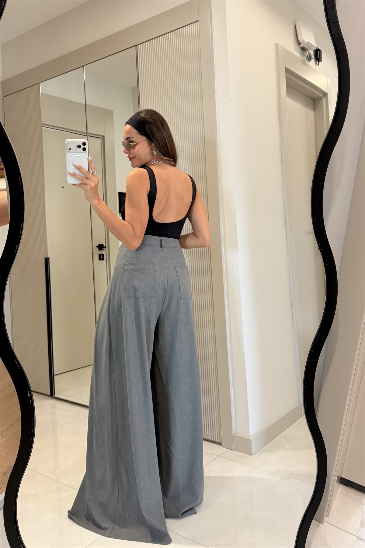 Mirae Gri Dik Yaka Kemerli Ceket Bol Paça Pantolon Takım