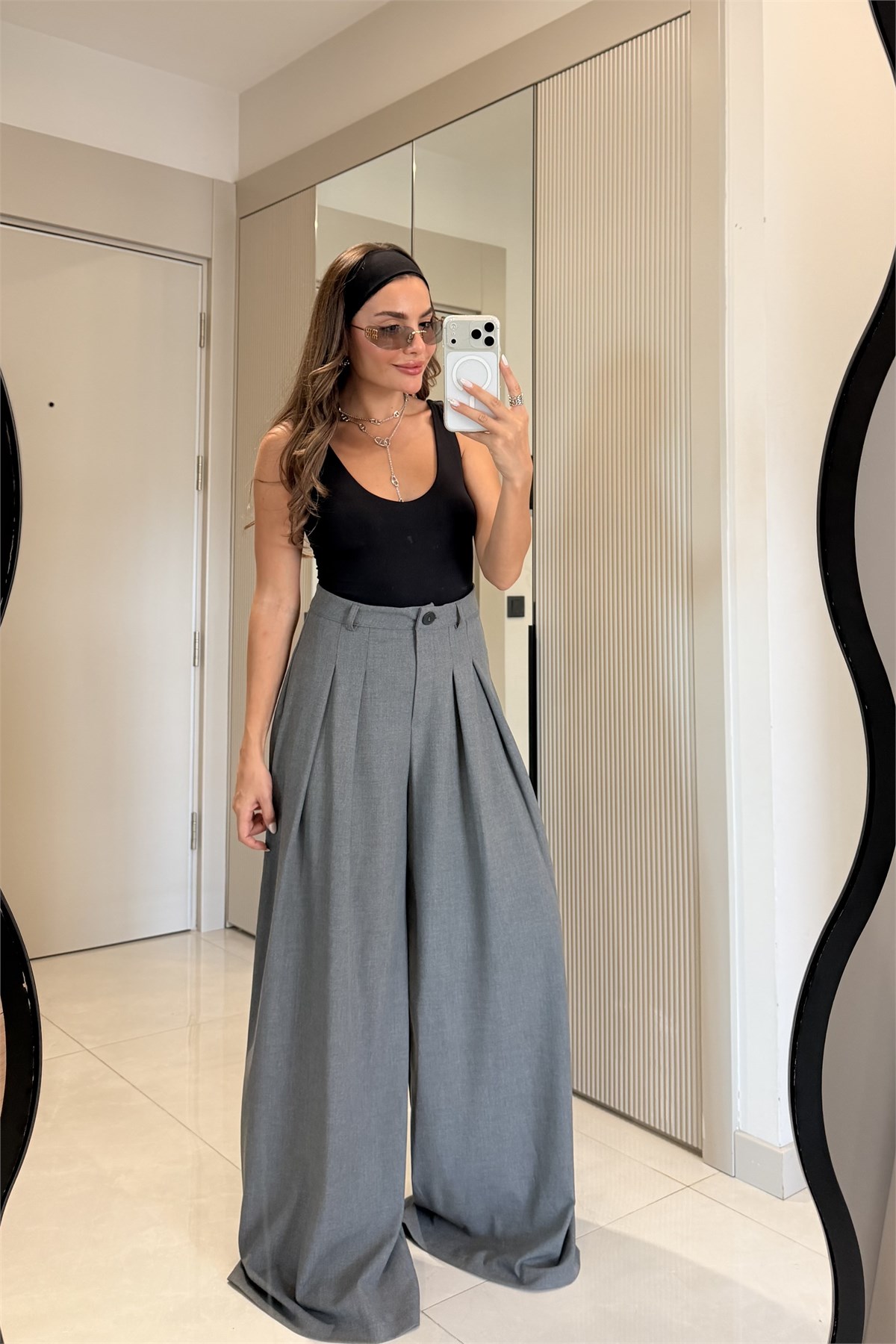 Mirae Gri Dik Yaka Kemerli Ceket Bol Paça Pantolon Takım