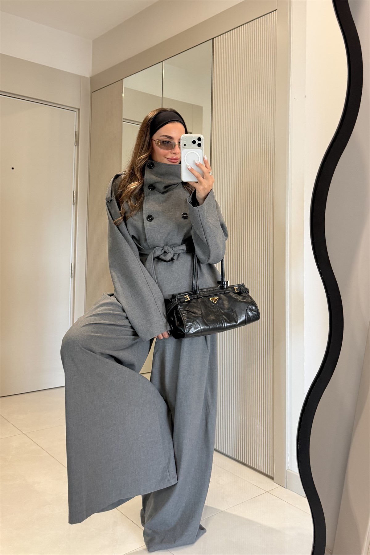 Mirae Gri Dik Yaka Kemerli Ceket Bol Paça Pantolon Takım