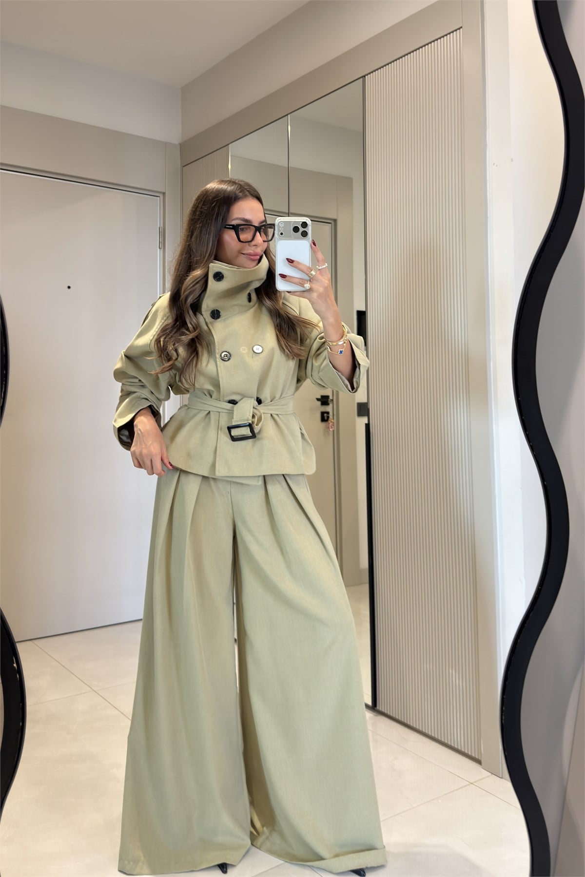 Mirae Haki Dik Yaka Kemerli Ceket Bol Paça Pantolon Takım