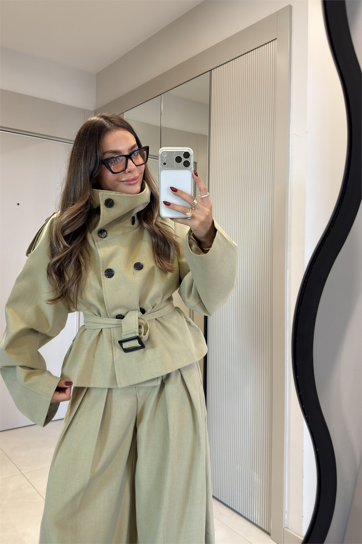 Mirae Haki Dik Yaka Kemerli Ceket Bol Paça Pantolon Takım