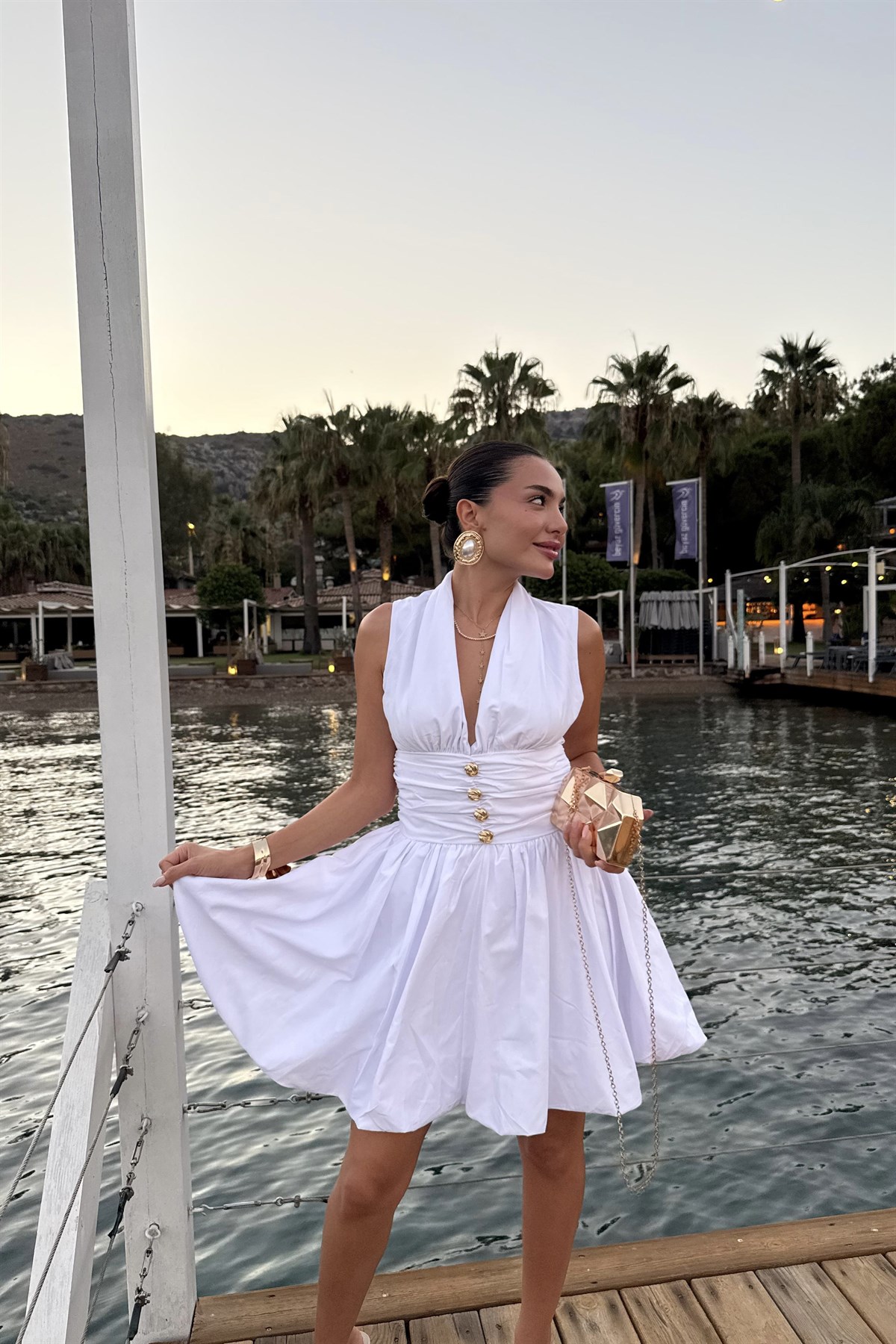 Mirelda Beyaz Gold Düğmeli Poplin Elbise