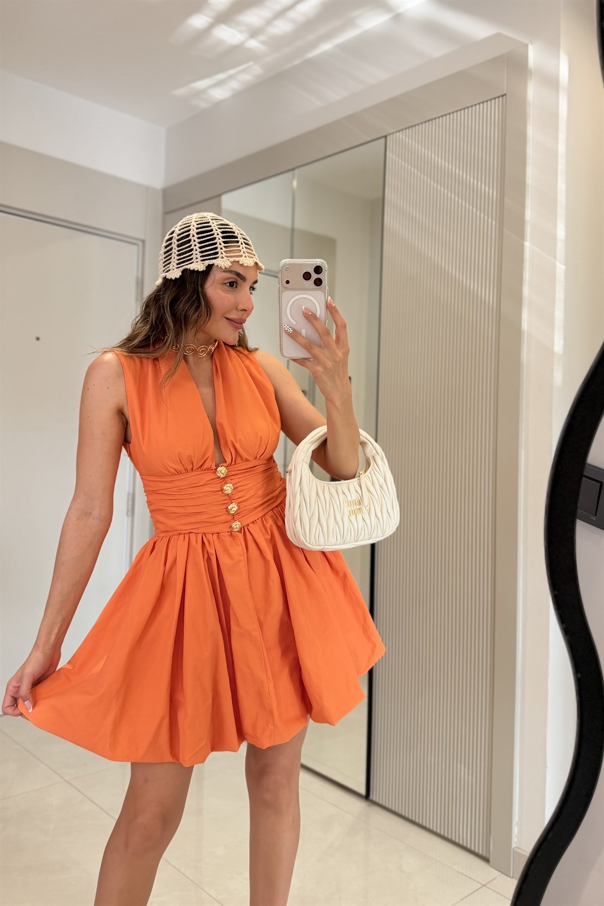 Mirelda Turuncu Gold Düğmeli Poplin Elbise
