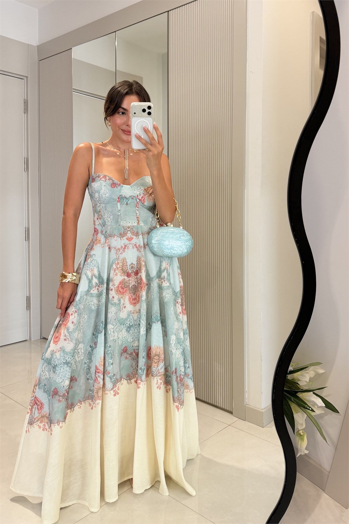 Mirella Çiçek Desenli Askılı Keten Elbise