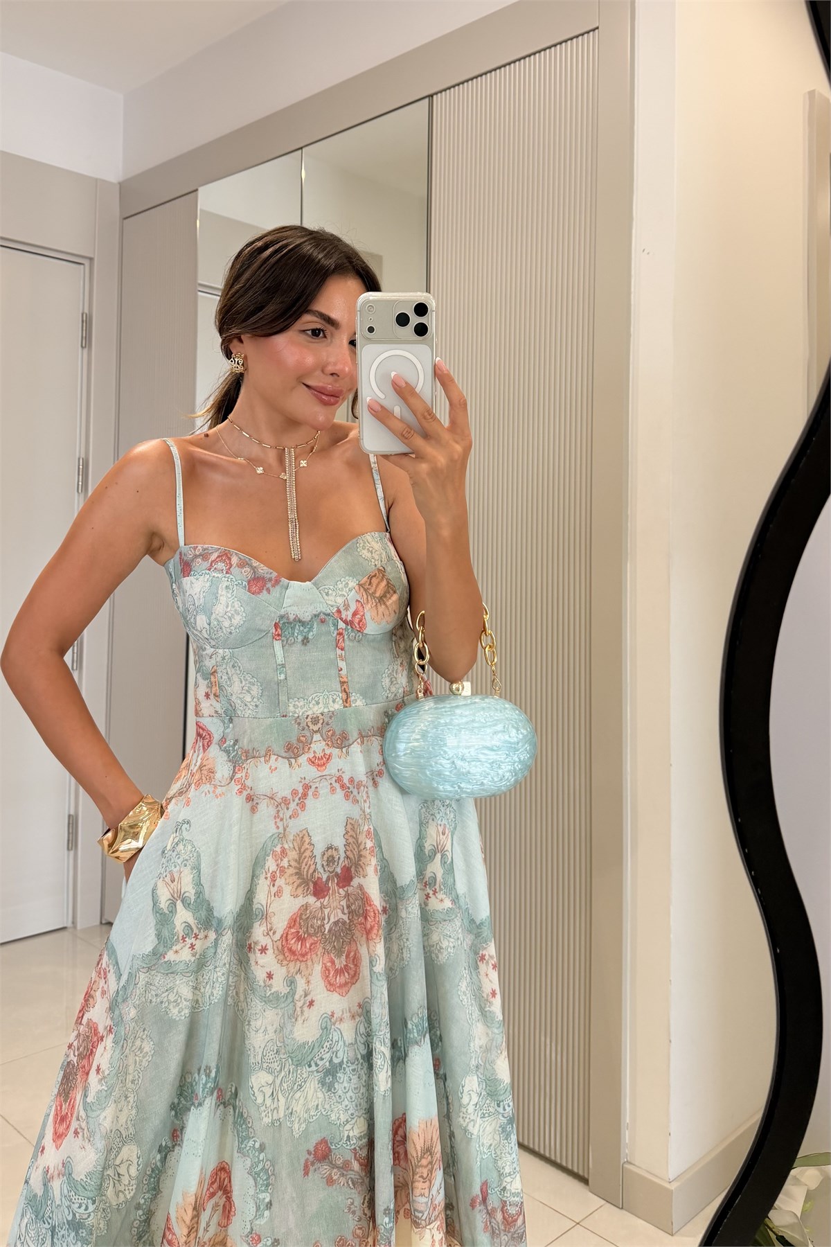 Mirella Çiçek Desenli Askılı Keten Elbise
