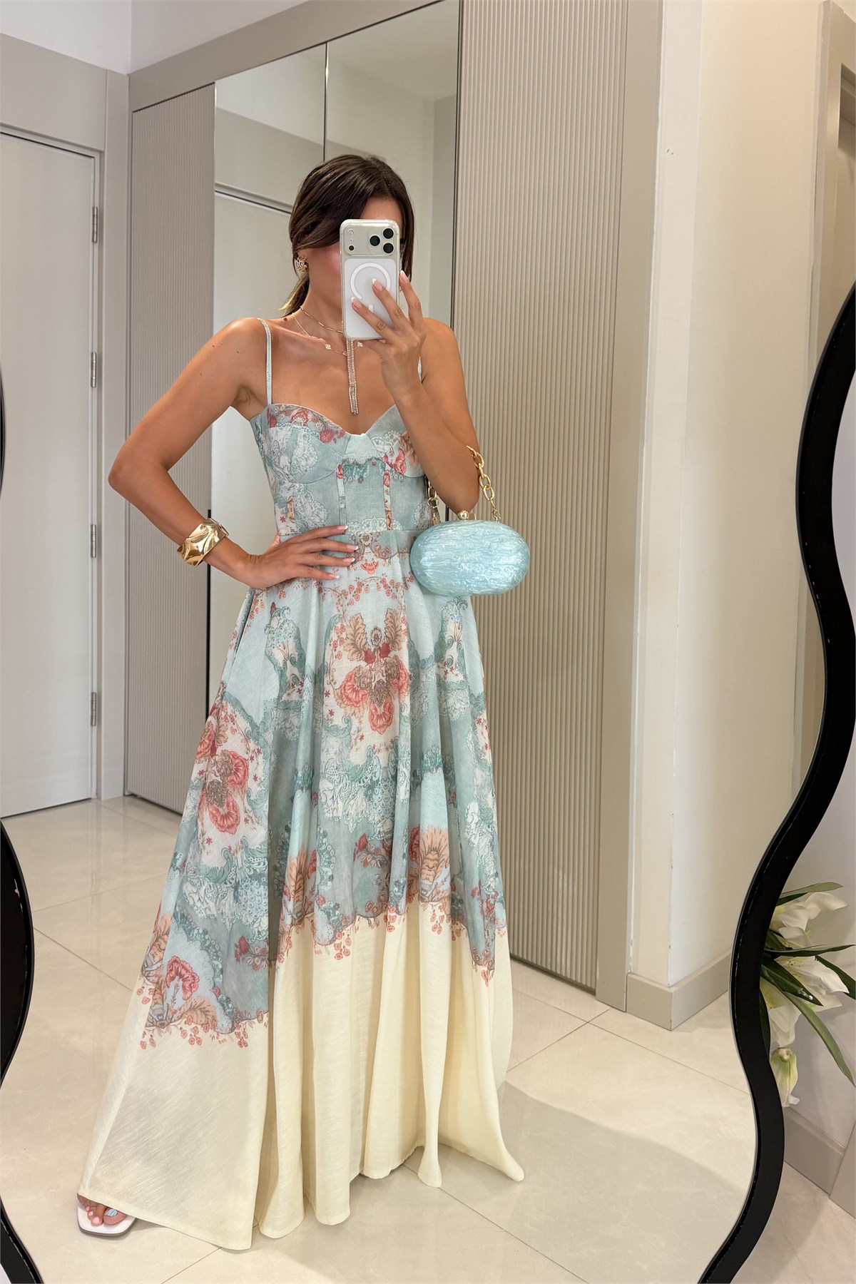 Mirella Çiçek Desenli Askılı Keten Elbise