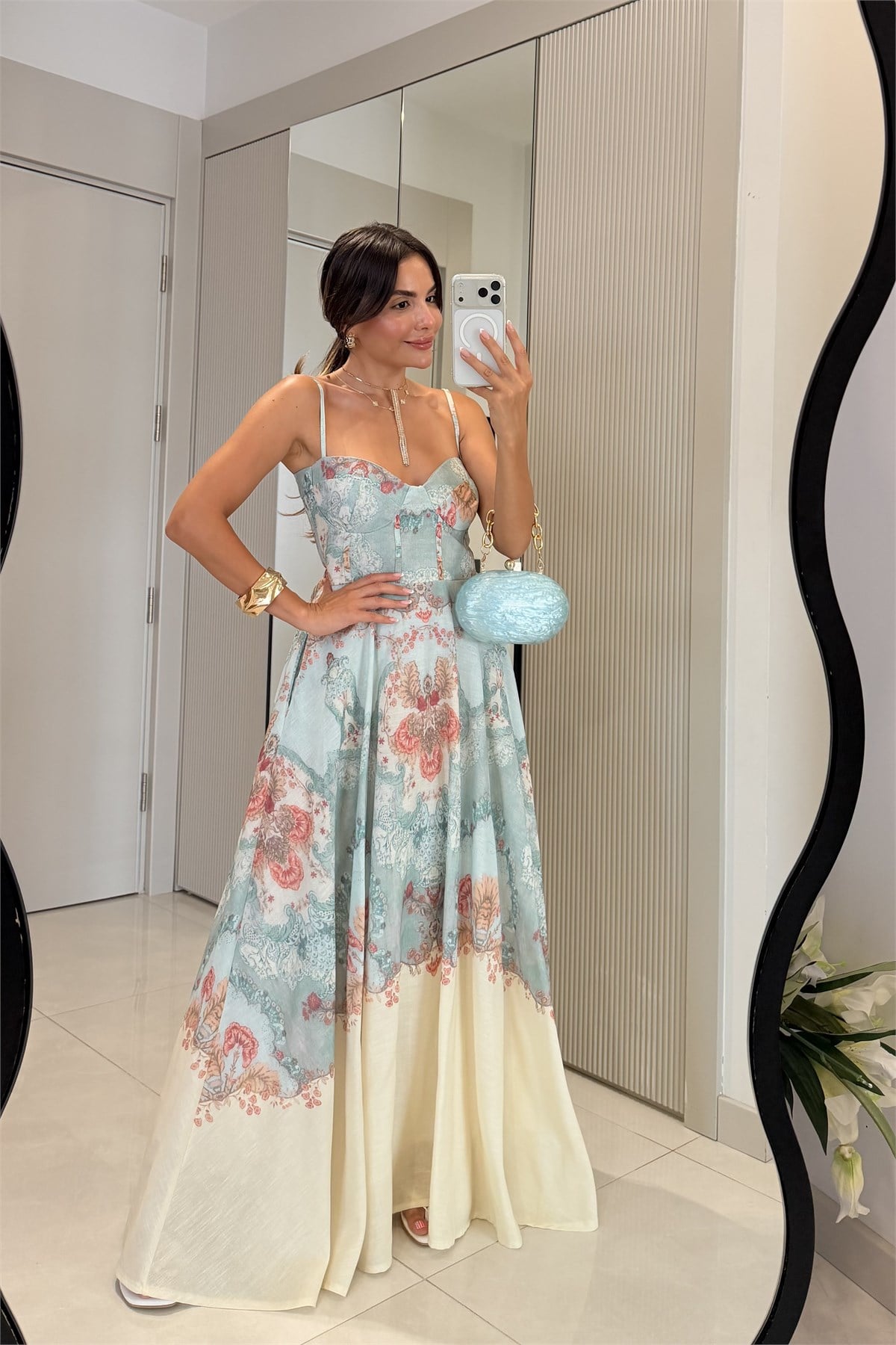 Mirella Çiçek Desenli Askılı Keten Elbise
