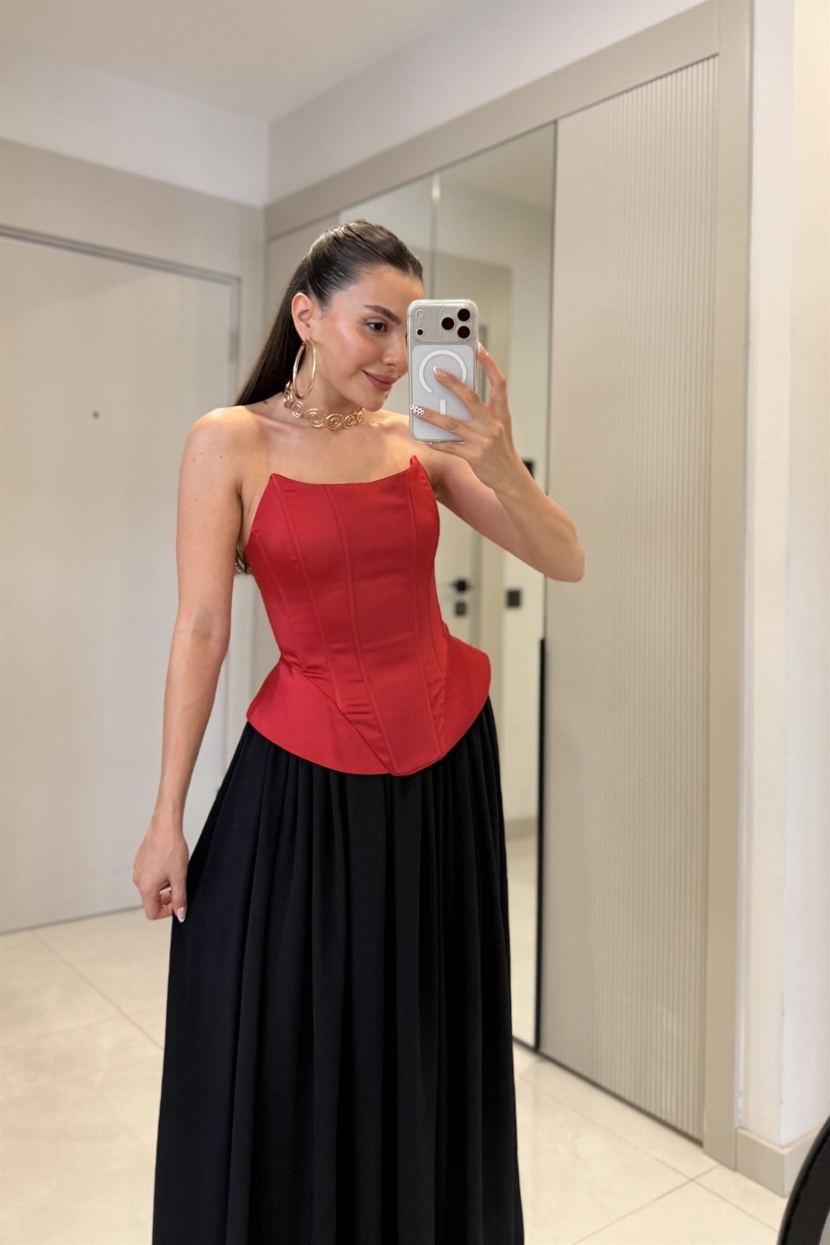 Mirena Kırmızı Saten Straplez Korse Büstiyer