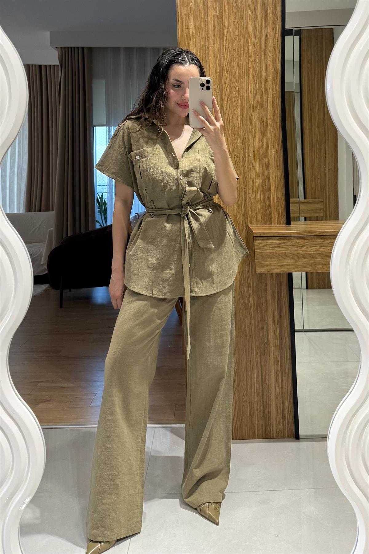 Mirex Haki Gold Düğmeli Keten Takım