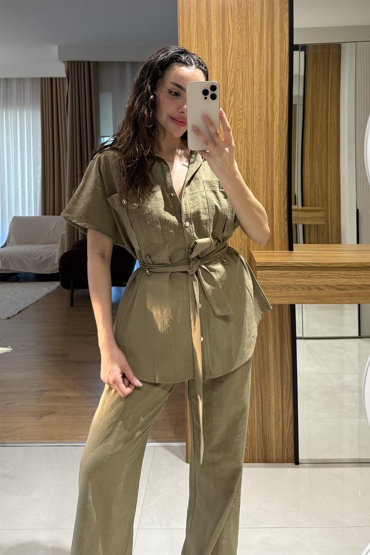 Mirex Haki Gold Düğmeli Keten Takım