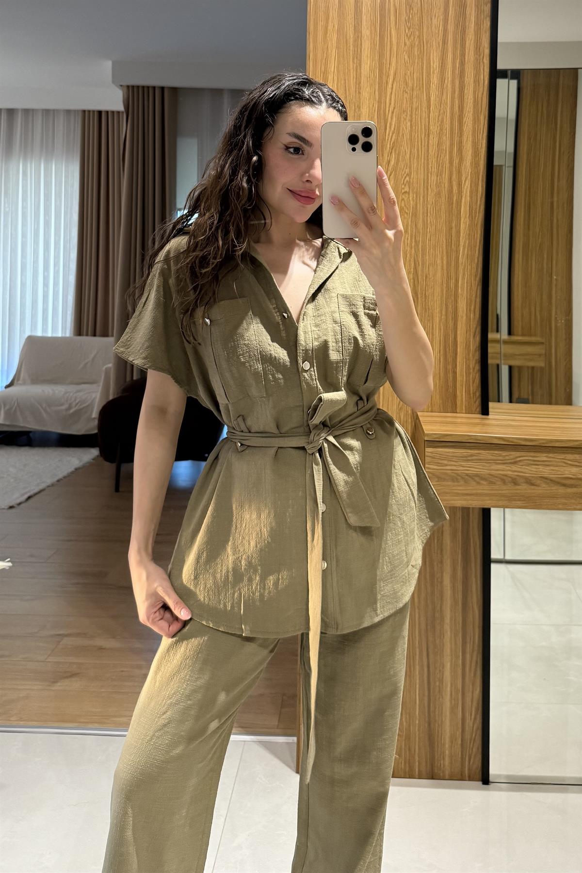 Mirex Haki Gold Düğmeli Keten Takım