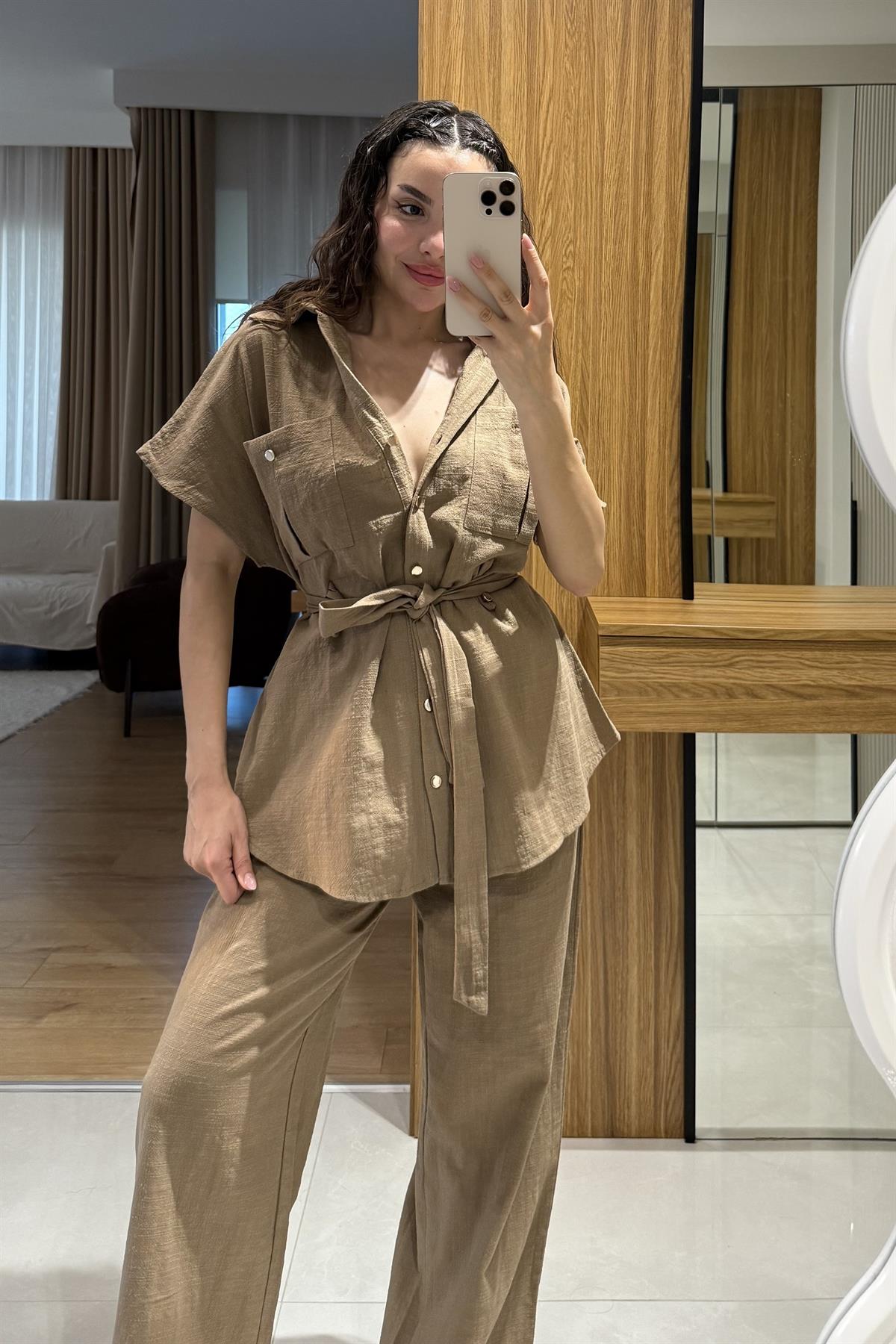 Mirex Kahve Gold Düğmeli Keten Takım