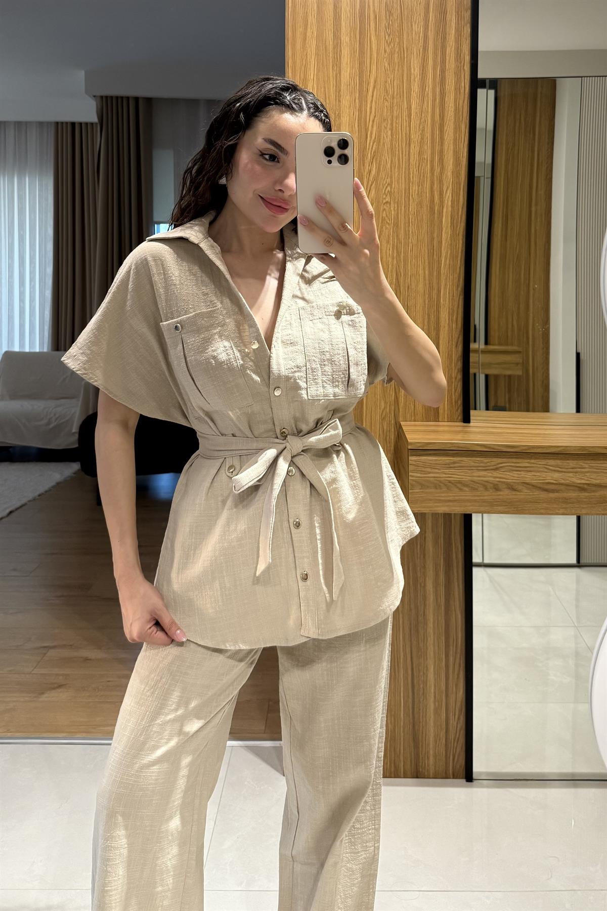 Mirex Krem Gold Düğmeli Keten Takım