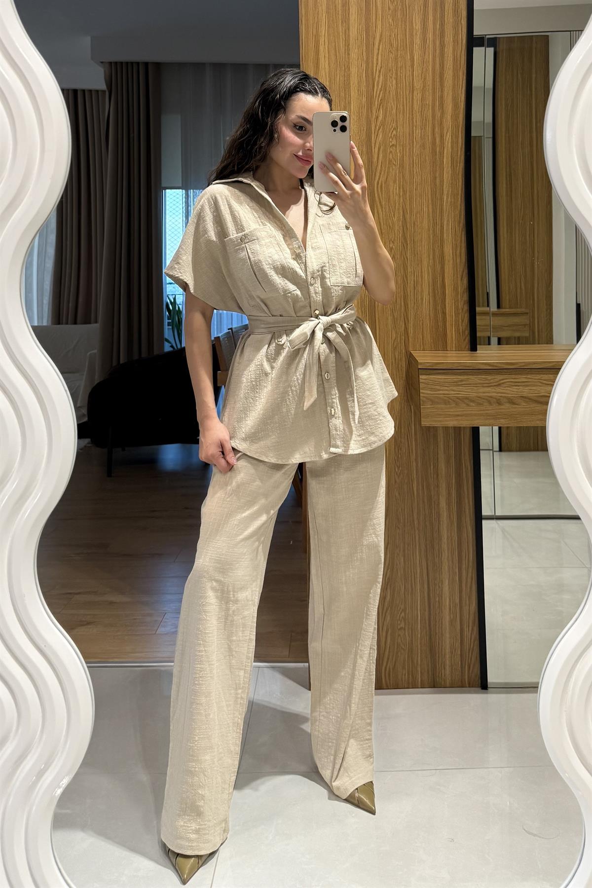 Mirex Krem Gold Düğmeli Keten Takım