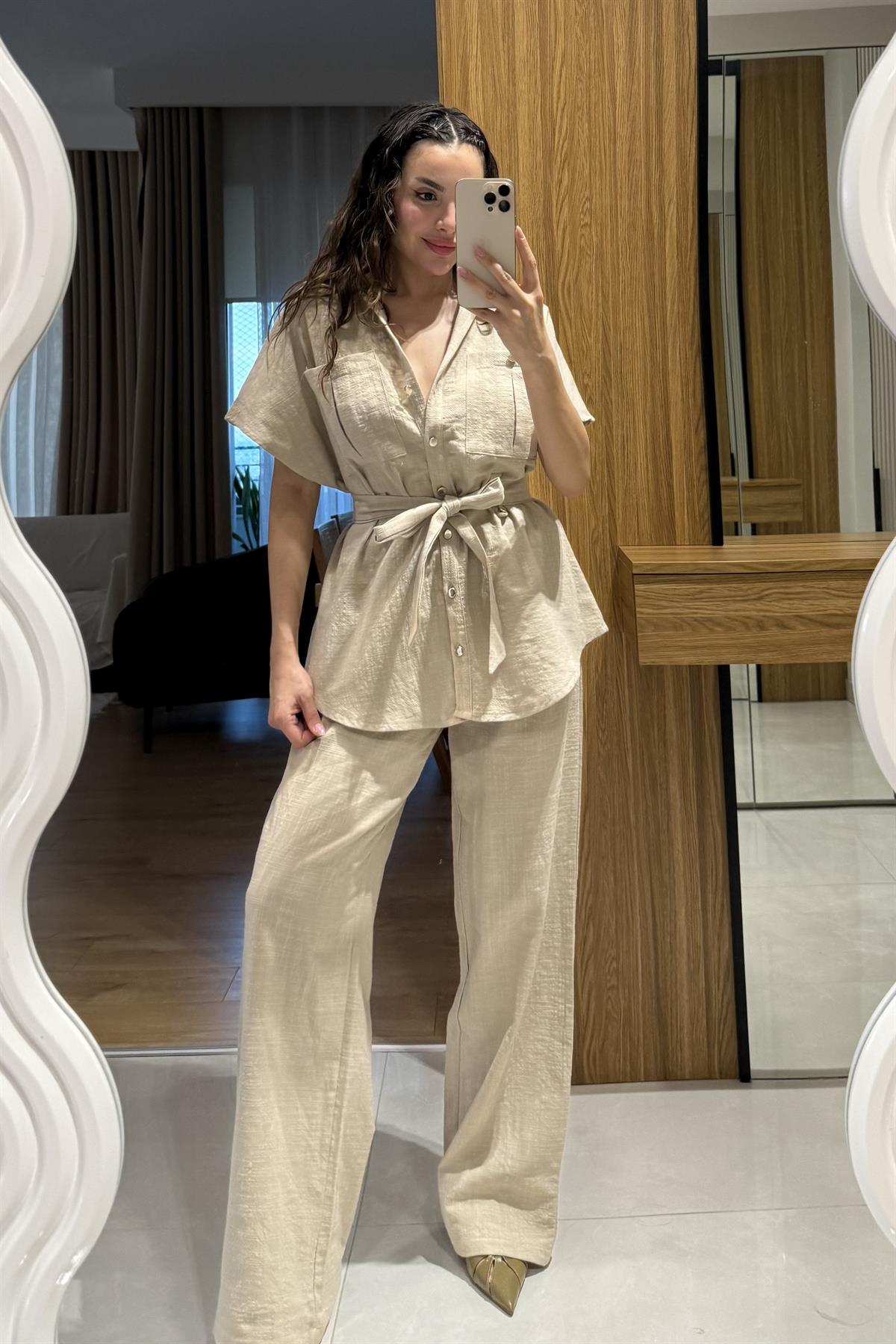 Mirex Krem Gold Düğmeli Keten Takım