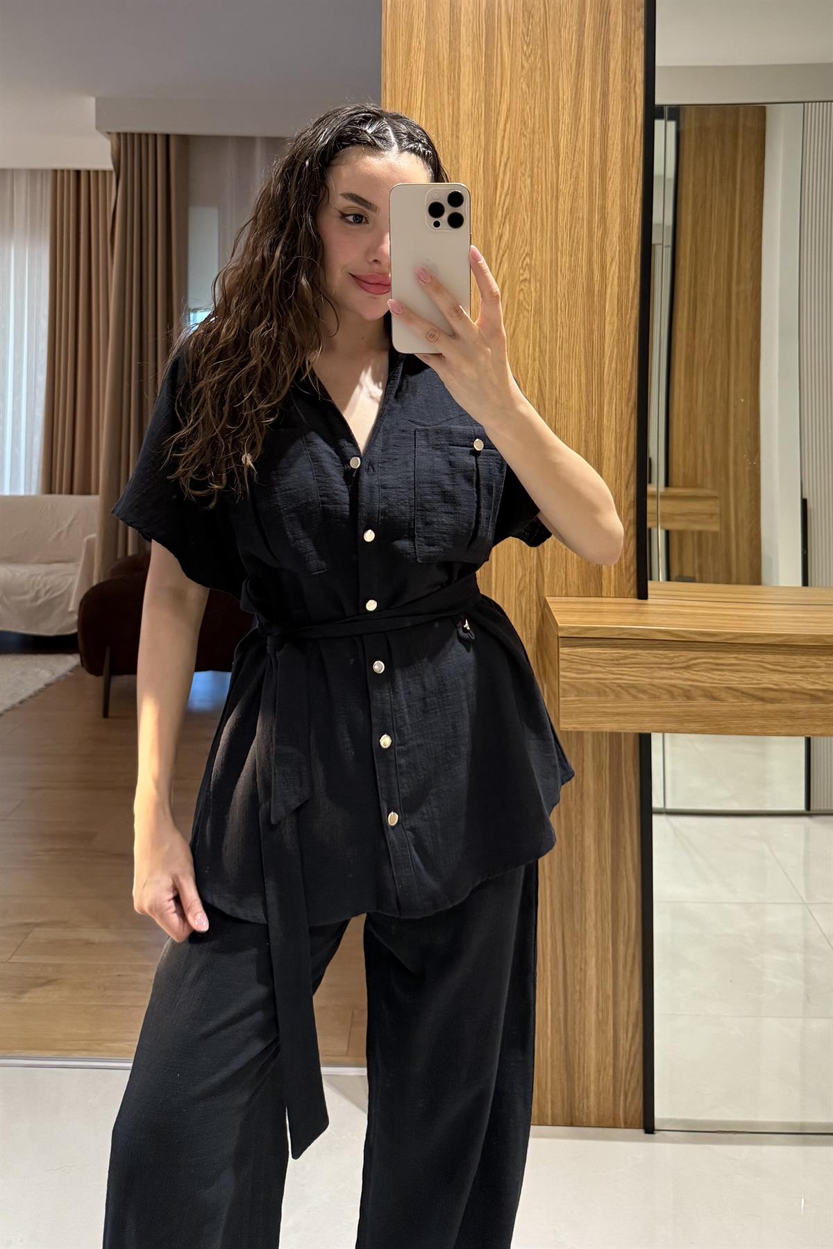 Mirex Siyah Gold Düğmeli Keten Takım