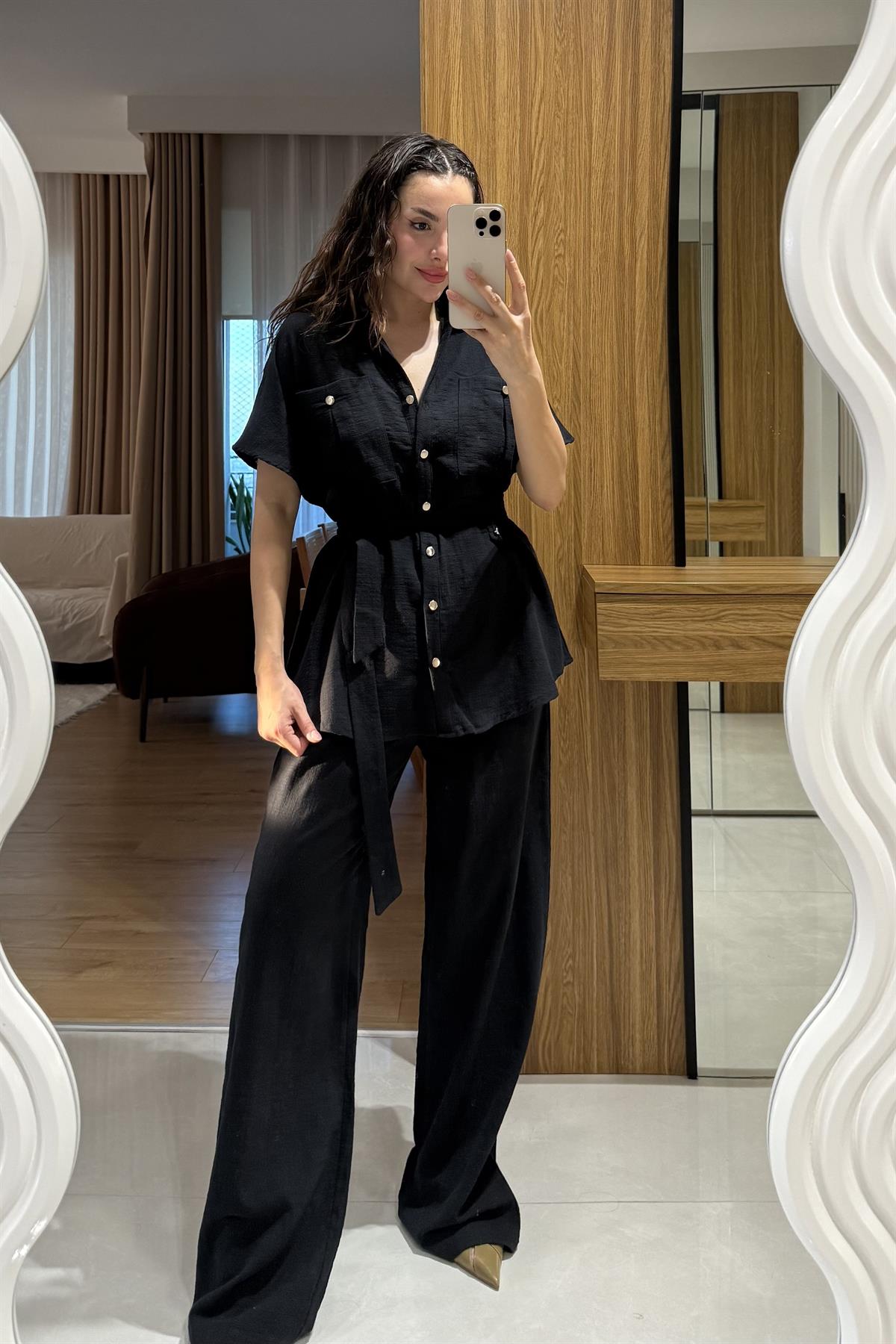 Mirex Siyah Gold Düğmeli Keten Takım