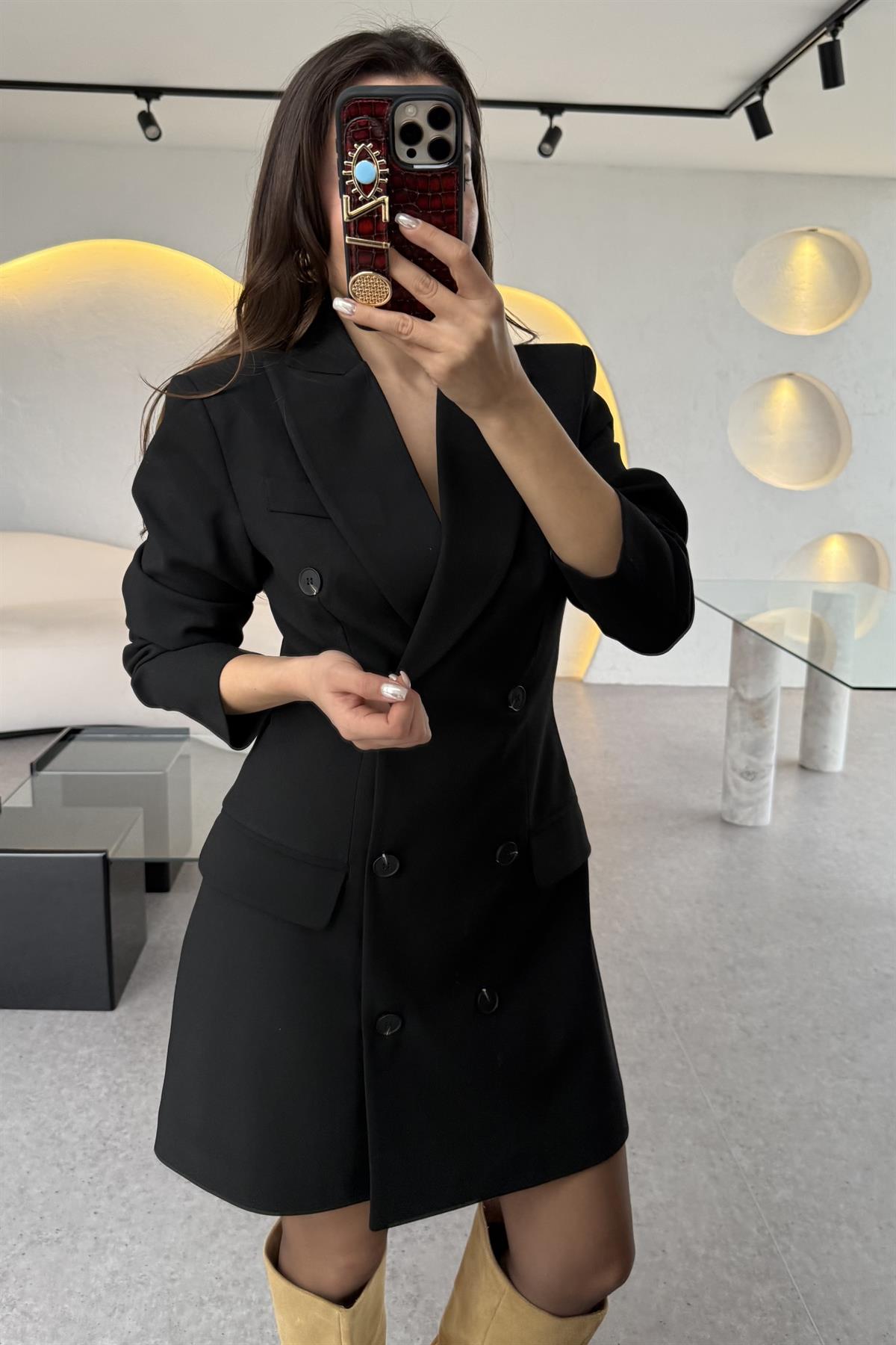 Misha Siyah Düğme Detaylı Blazer Elbise 