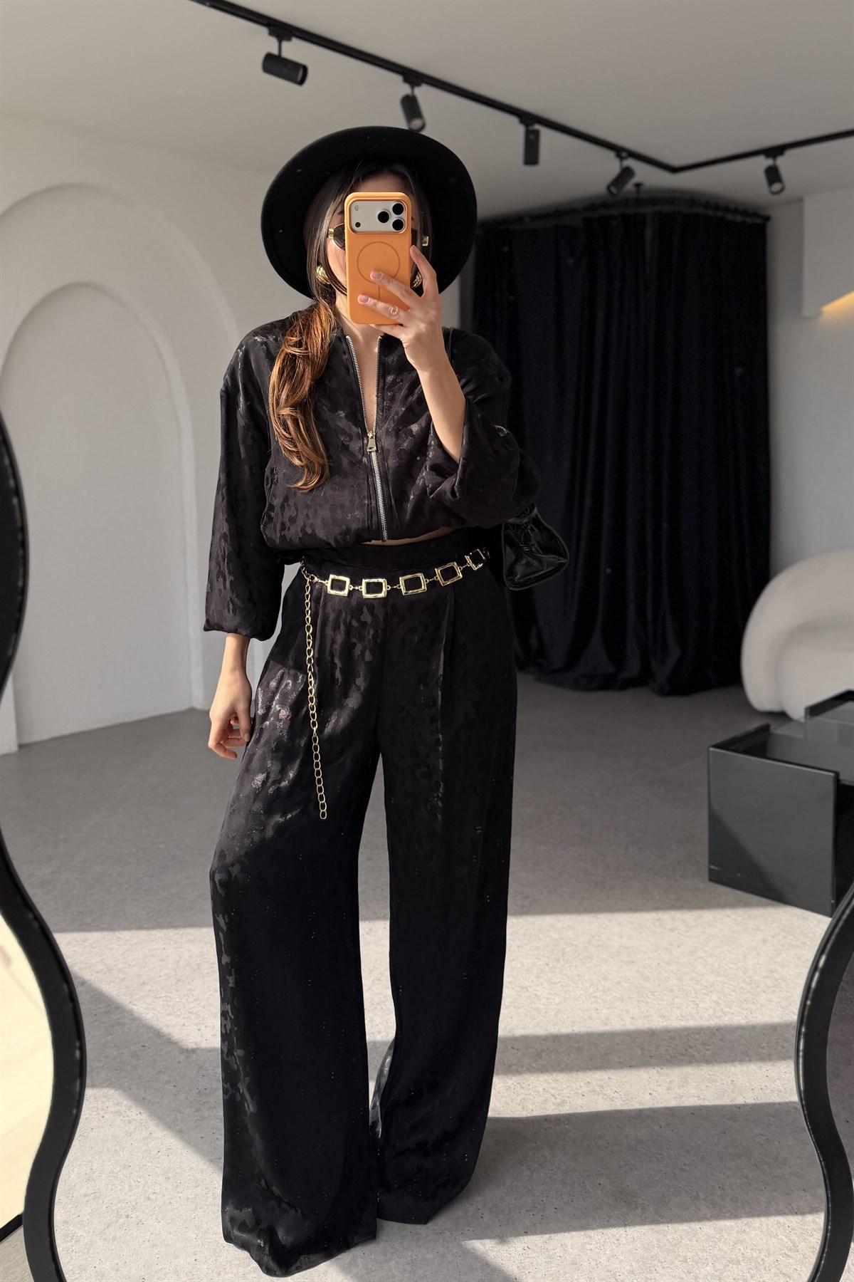 Mishel Siyah Jakarlı Saten Takım