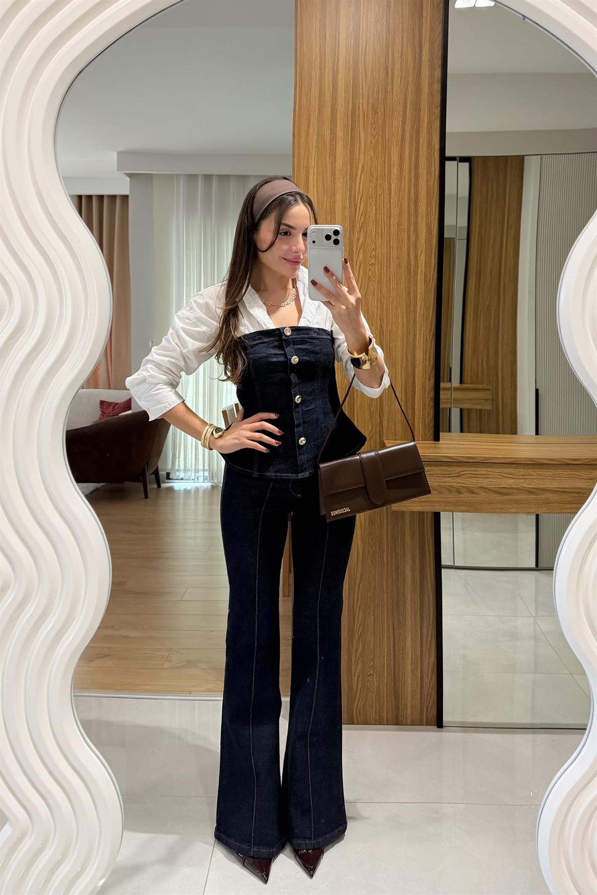 Misscix Lacivert Denim Straplez Takım