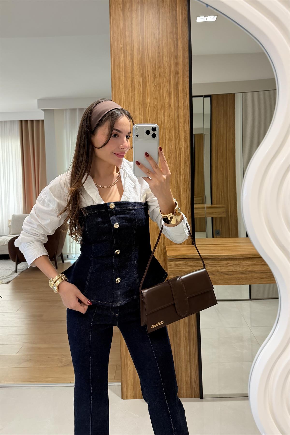 Misscix Lacivert Denim Straplez Takım