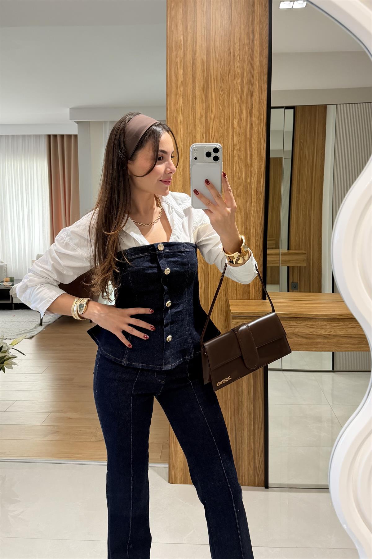 Misscix Lacivert Denim Straplez Takım