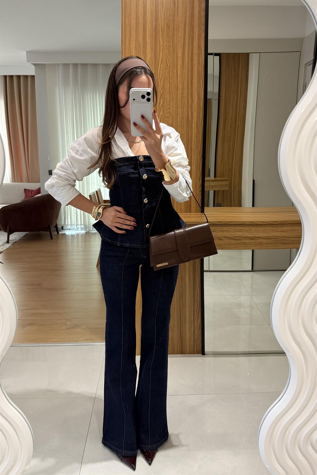 Misscix Lacivert Denim Straplez Takım