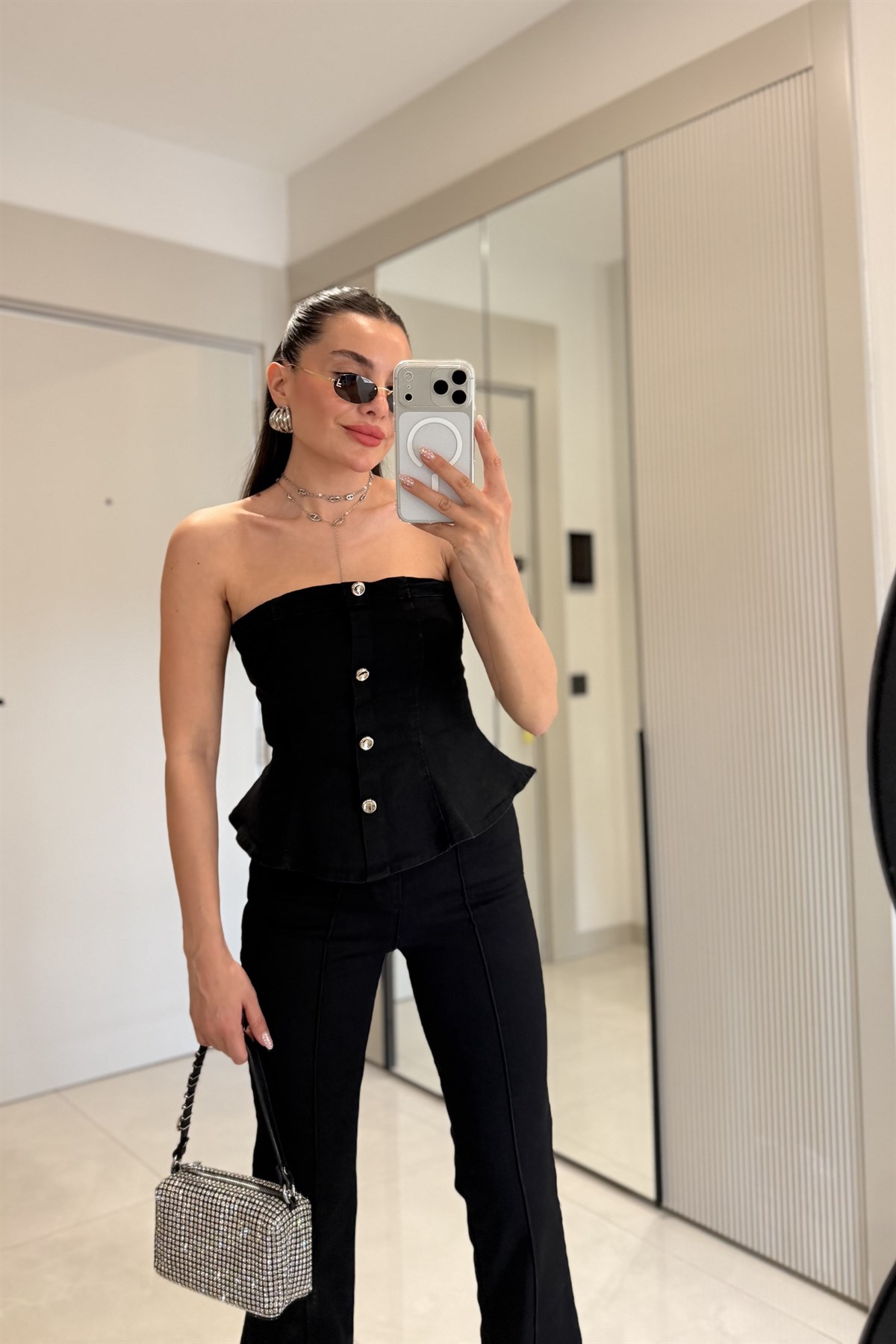 Misscix Siyah Denim Straplez Takım