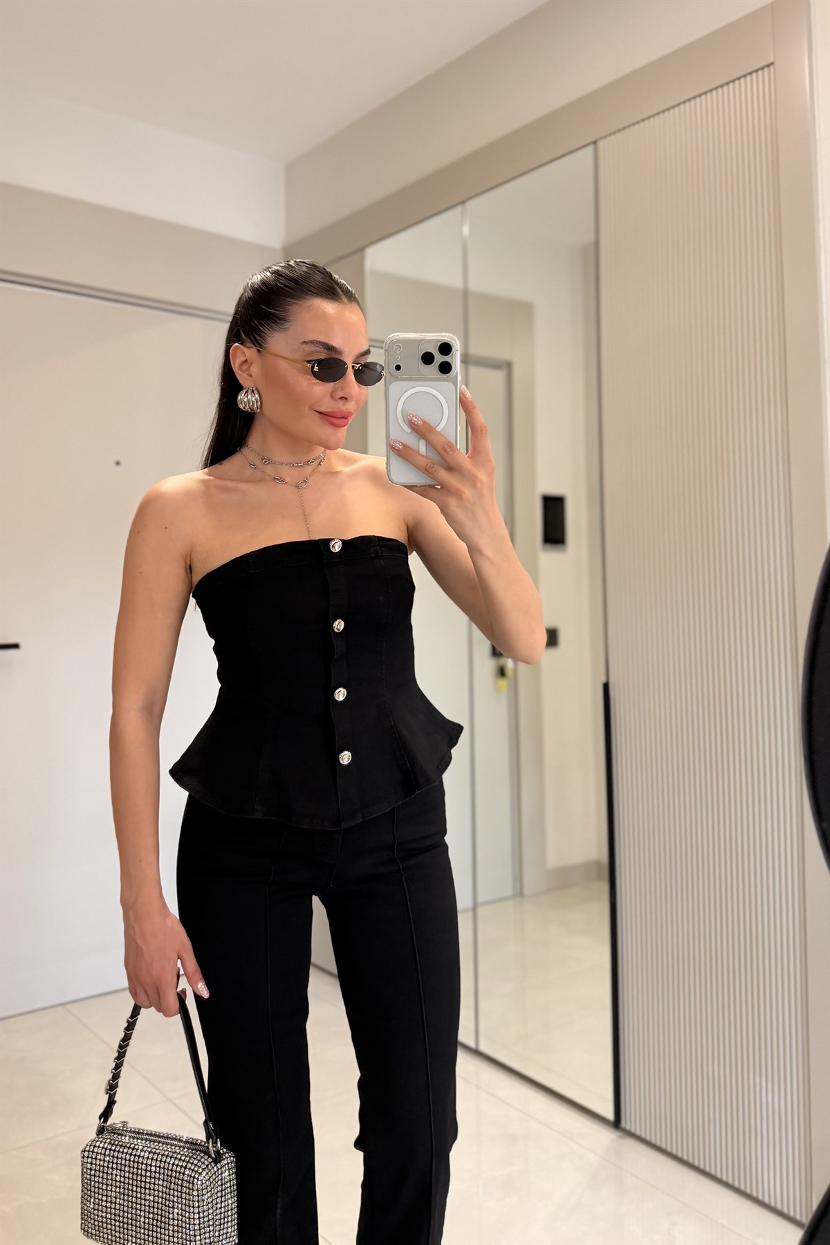 Misscix Siyah Denim Straplez Takım