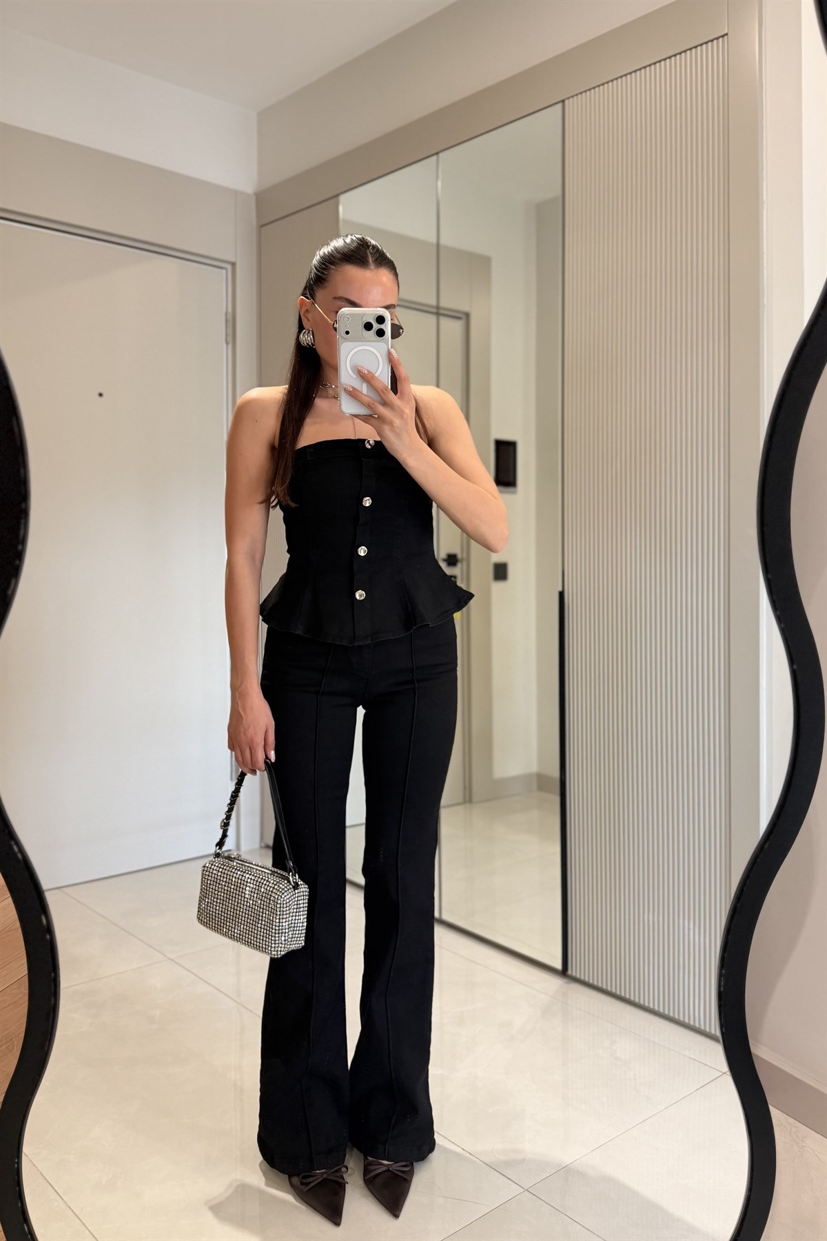Misscix Siyah Denim Straplez Takım