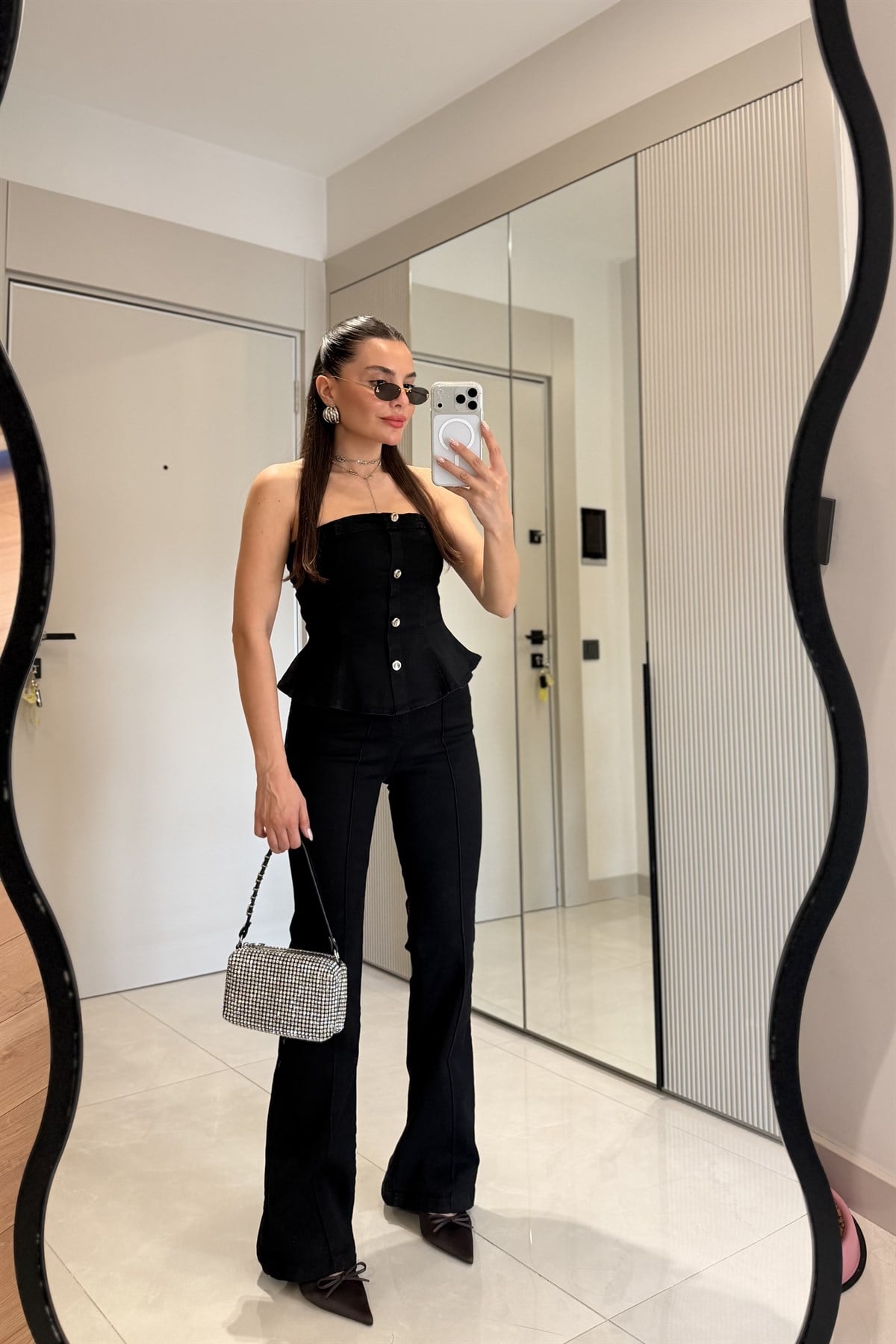 Misscix Siyah Denim Straplez Takım