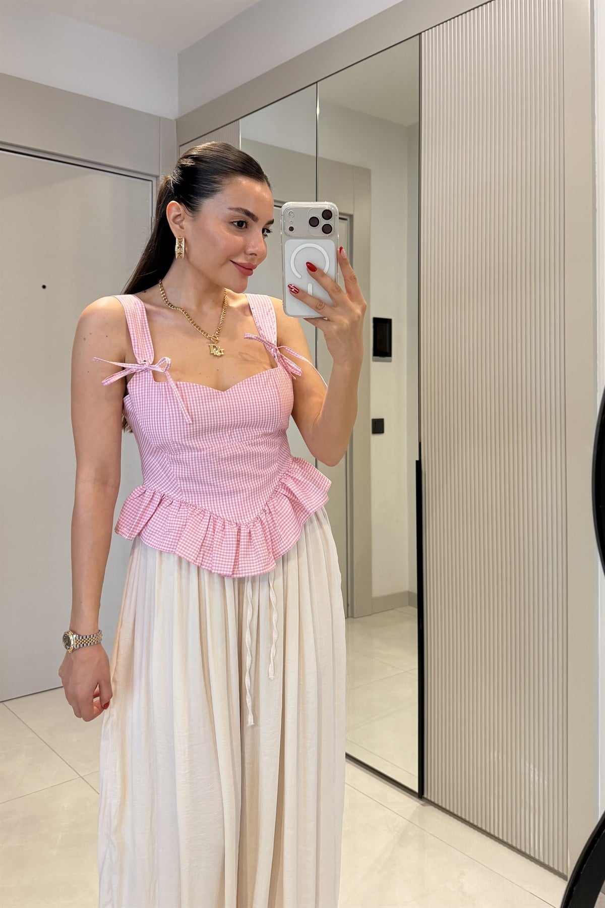 Moana Pembe Pötikare Volanlı Büstiyer 