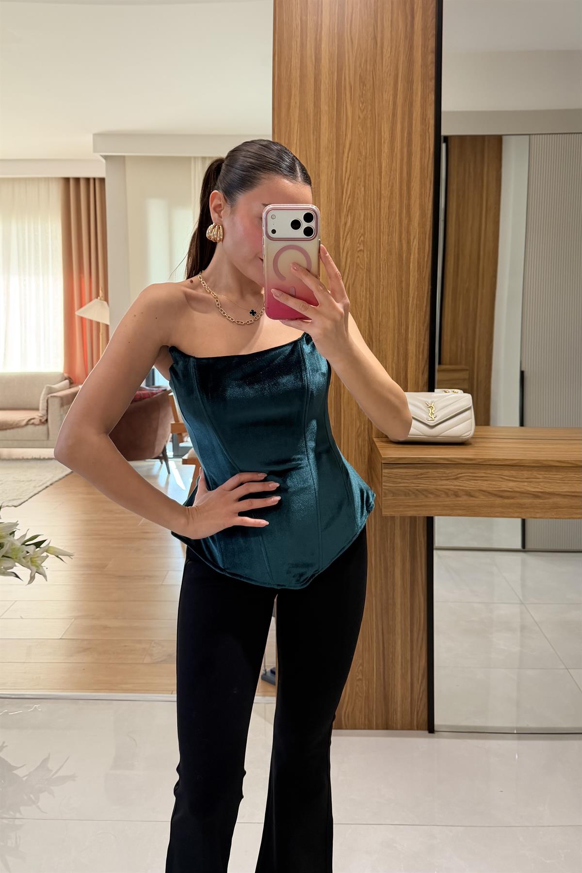 Moche Zümrüt Kadife Korse Bluz