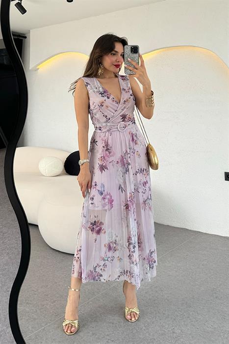 Modena Kemer Detaylı Piliseli Çiçekli  Elbise 