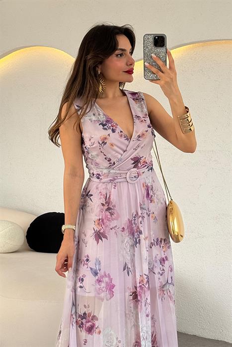 Modena Kemer Detaylı Piliseli Çiçekli  Elbise 